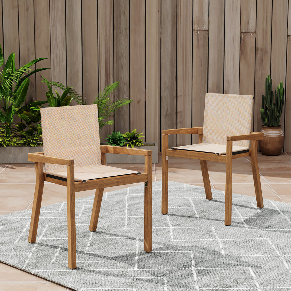 Teak Finish Outdoor Dining Chairs Set of 2 Wood Frame Patio Chairs with Textile