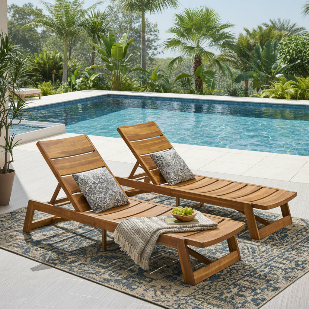 Outdoor Chaise Lounge, Solid Wood Patio Recliner, Weather Resistant for Pool & Backyard