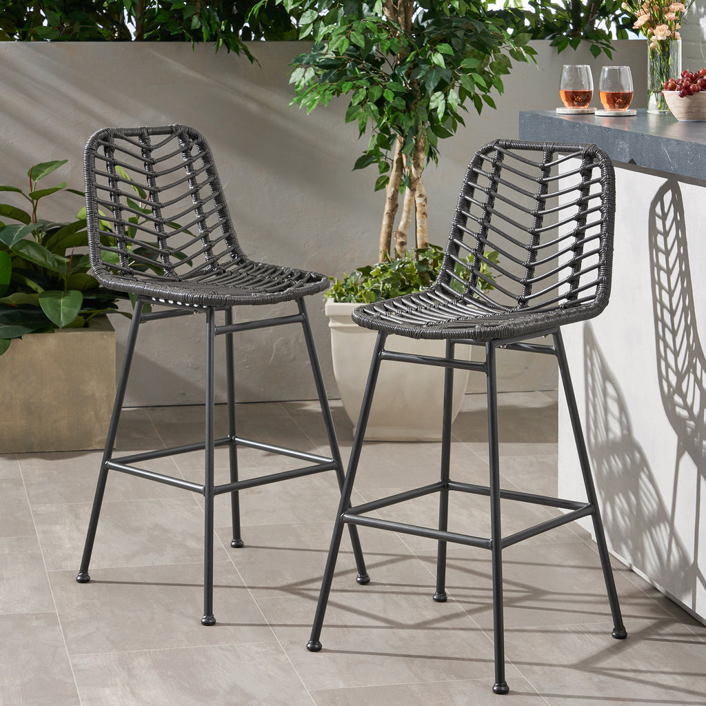 Sawtelle Outdoor Wicker Barstools Set of 2 – Rattan Patio Bar Stools with Black Metal Frame