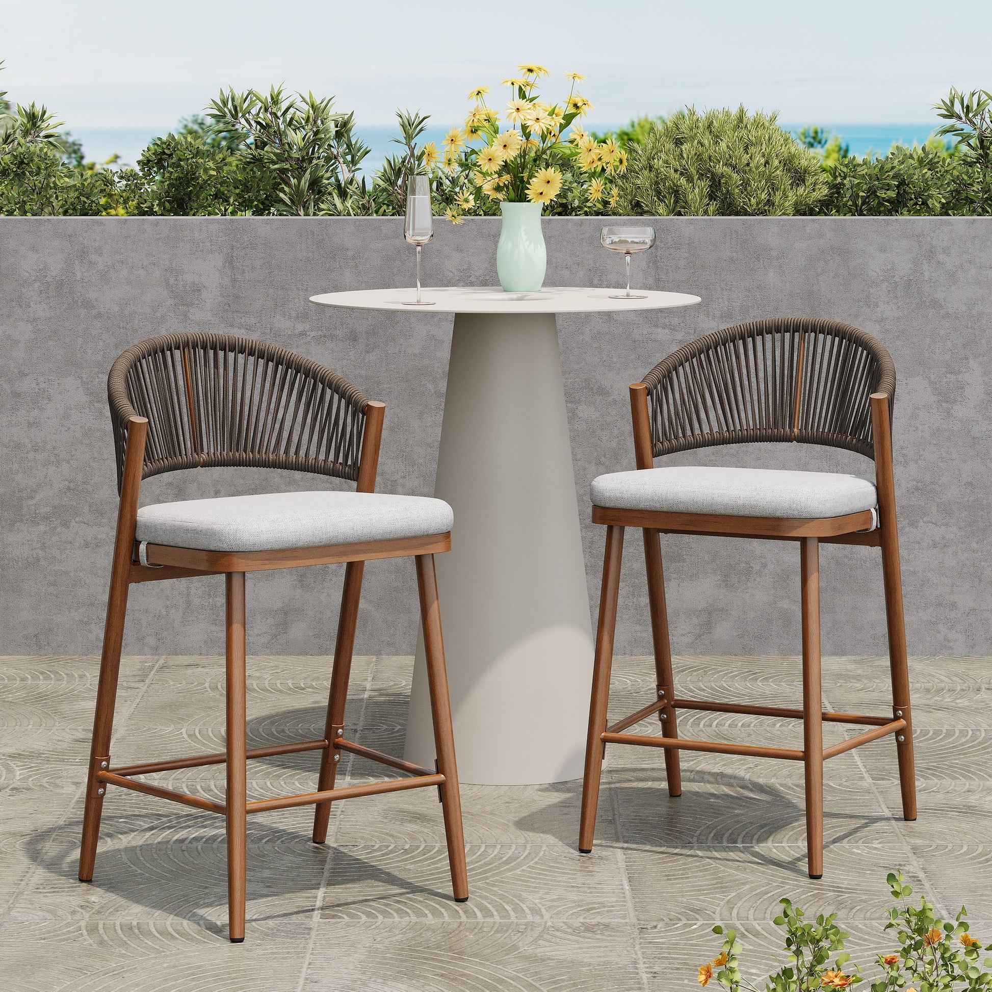 26" Outdoor Counter Stools Set of 2, Aluminum PE Rattan Backrest, Maple Finish Patio Bar Stools