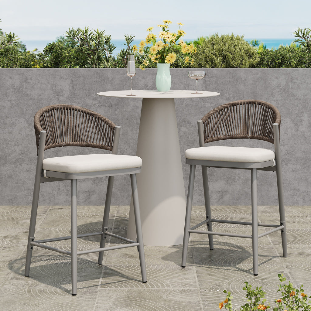 26" Outdoor Counter Stools Set of 2, Aluminum PE Rattan Backrest, Maple Finish Patio Bar Stools