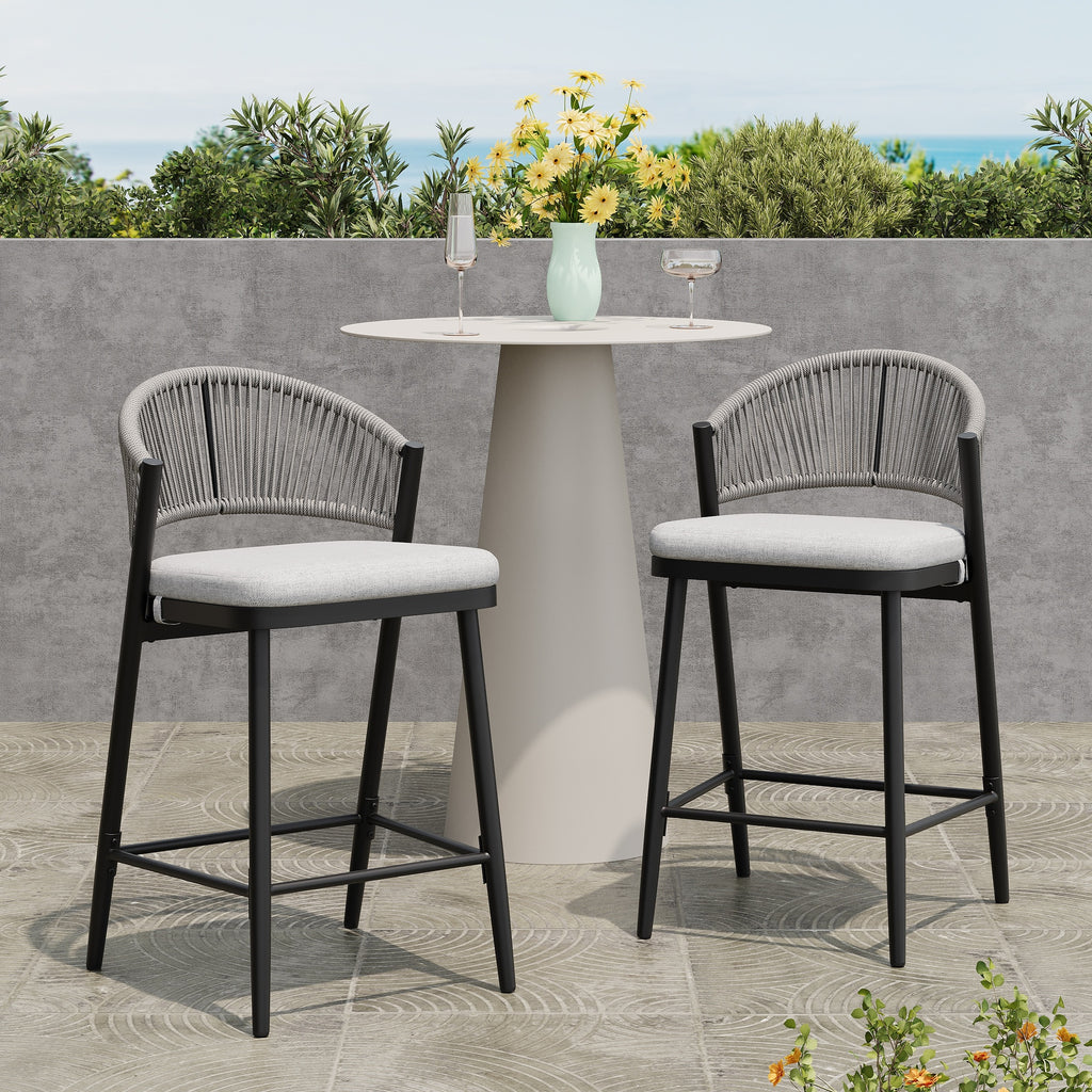 26" Outdoor Counter Stools Set of 2, Aluminum PE Rattan Backrest, Maple Finish Patio Bar Stools