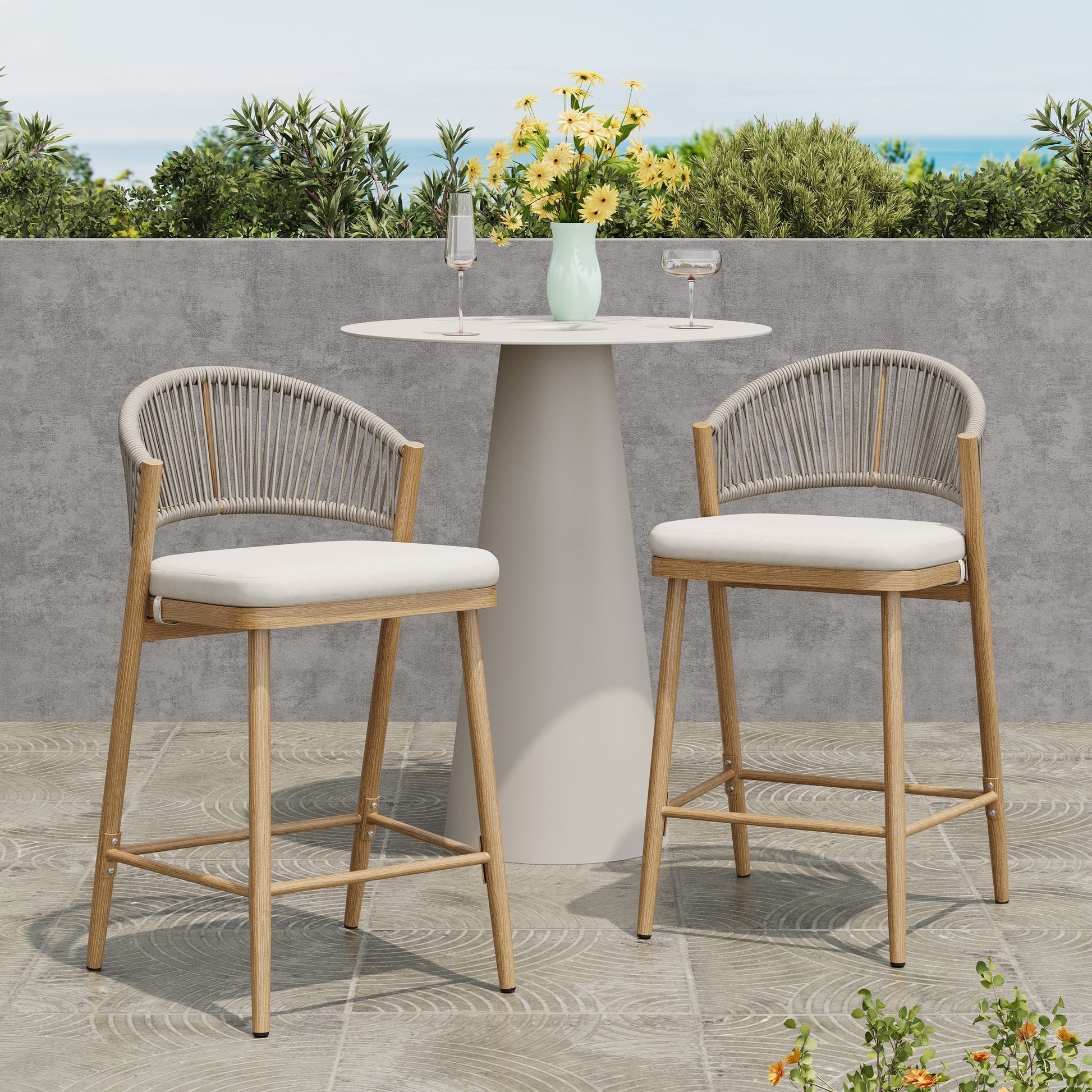 26" Outdoor Counter Stools Set of 2, Aluminum PE Rattan Backrest, Maple Finish Patio Bar Stools