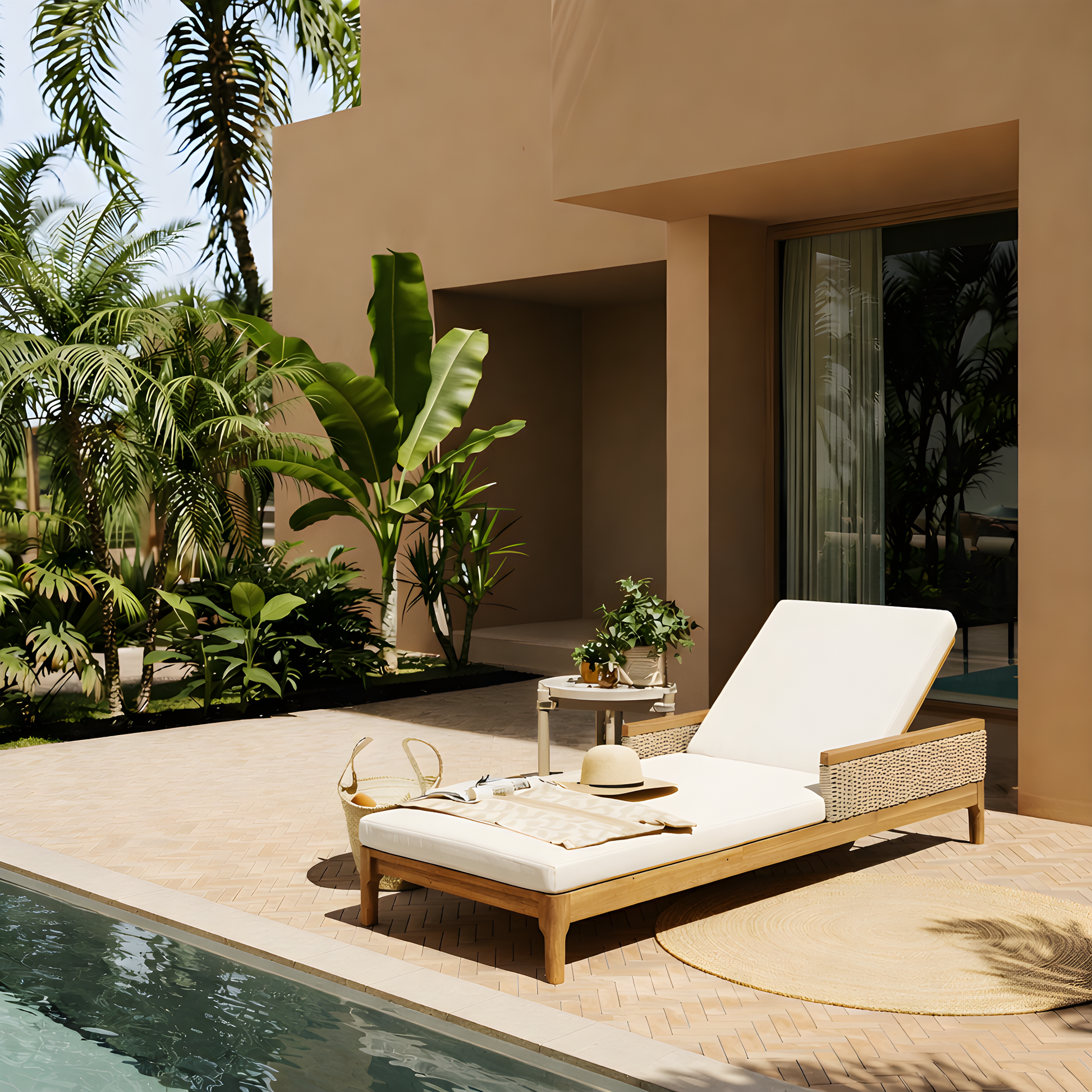 Outdoor Sun Lounger Acacia Wood Patio Recliner with Cushions and Wicker Accents