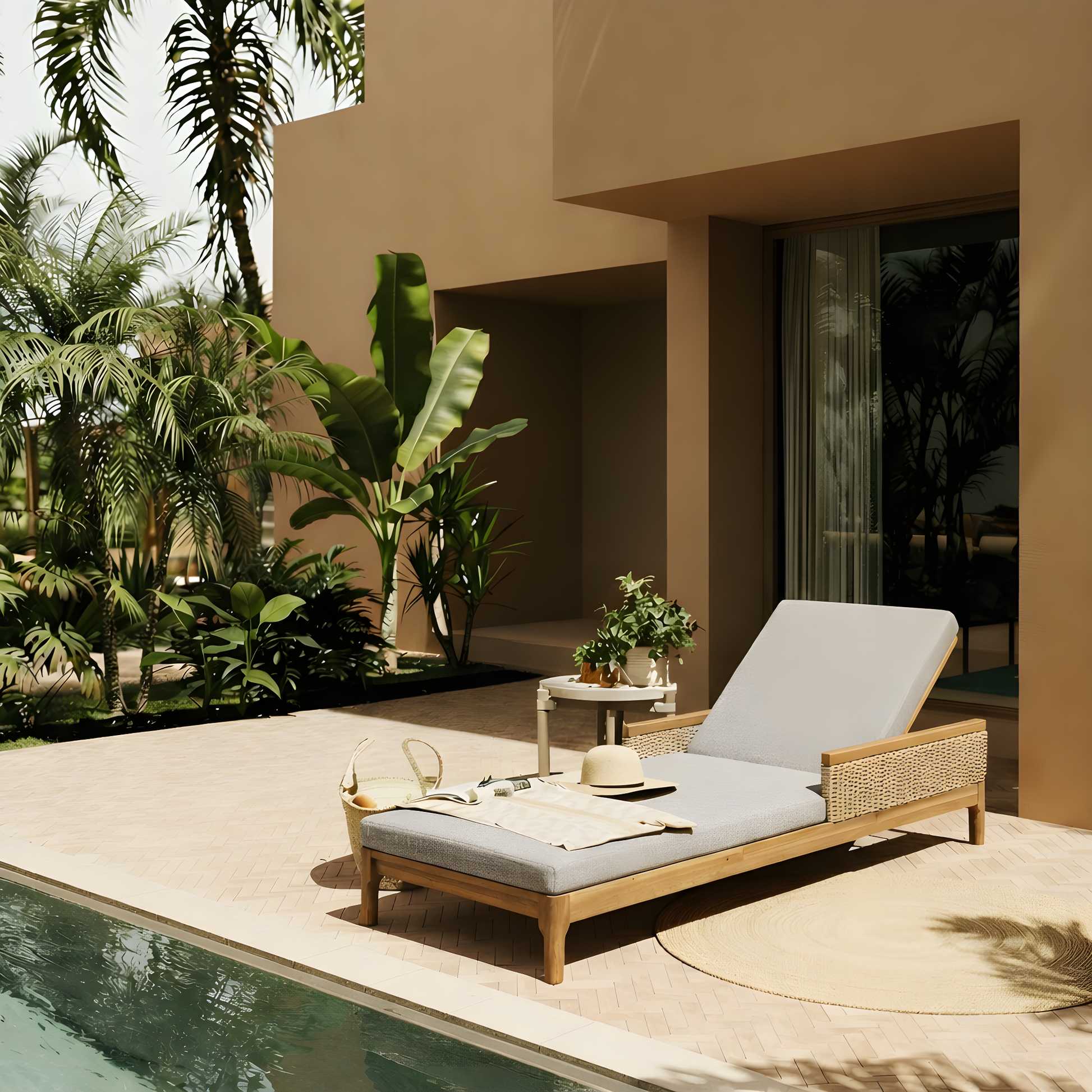 Acacia Wood Outdoor Sun Lounger with Cushions & Wicker Accents - Adjustable Patio Recliner