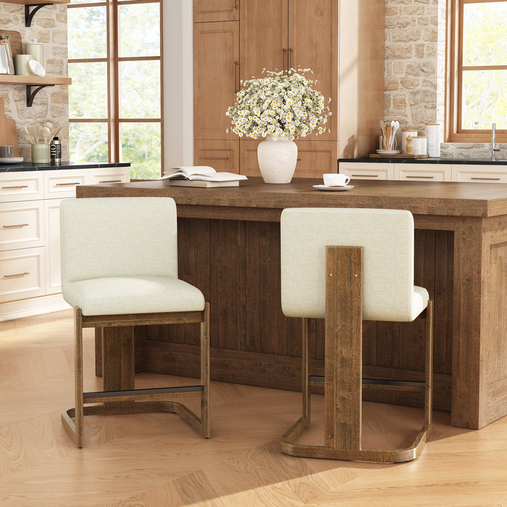 Solid Wood Counter Stools with Linen Upholstery & Walnut Finish - 24" (Set of 2)