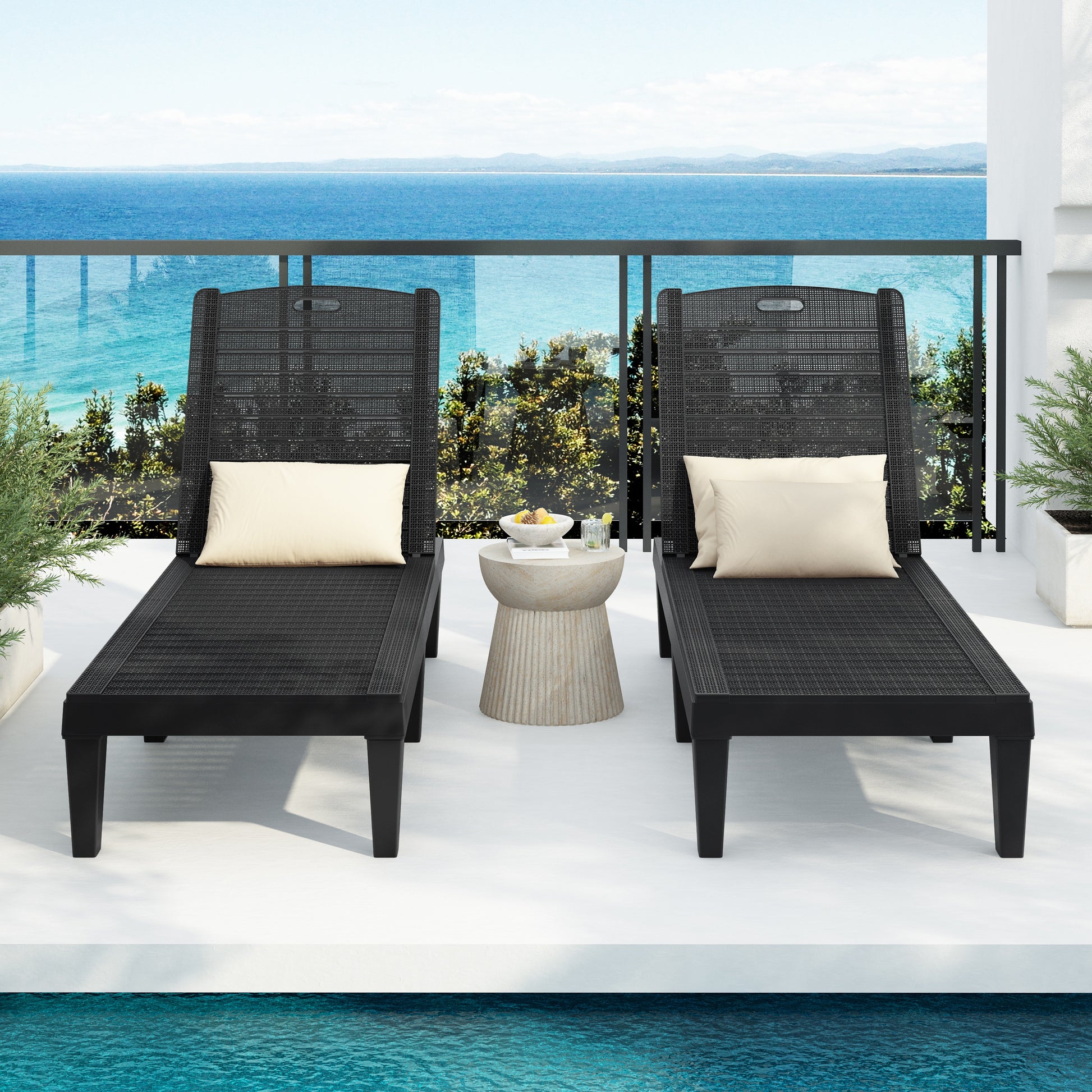 2-Piece Outdoor Chaise Lounges Resin Pool Lounge Chairs Outdoor Chaise Lounge Chair Set with Adjustable Backrest (Set of 2) for Patio, Poolside or Beach, Black