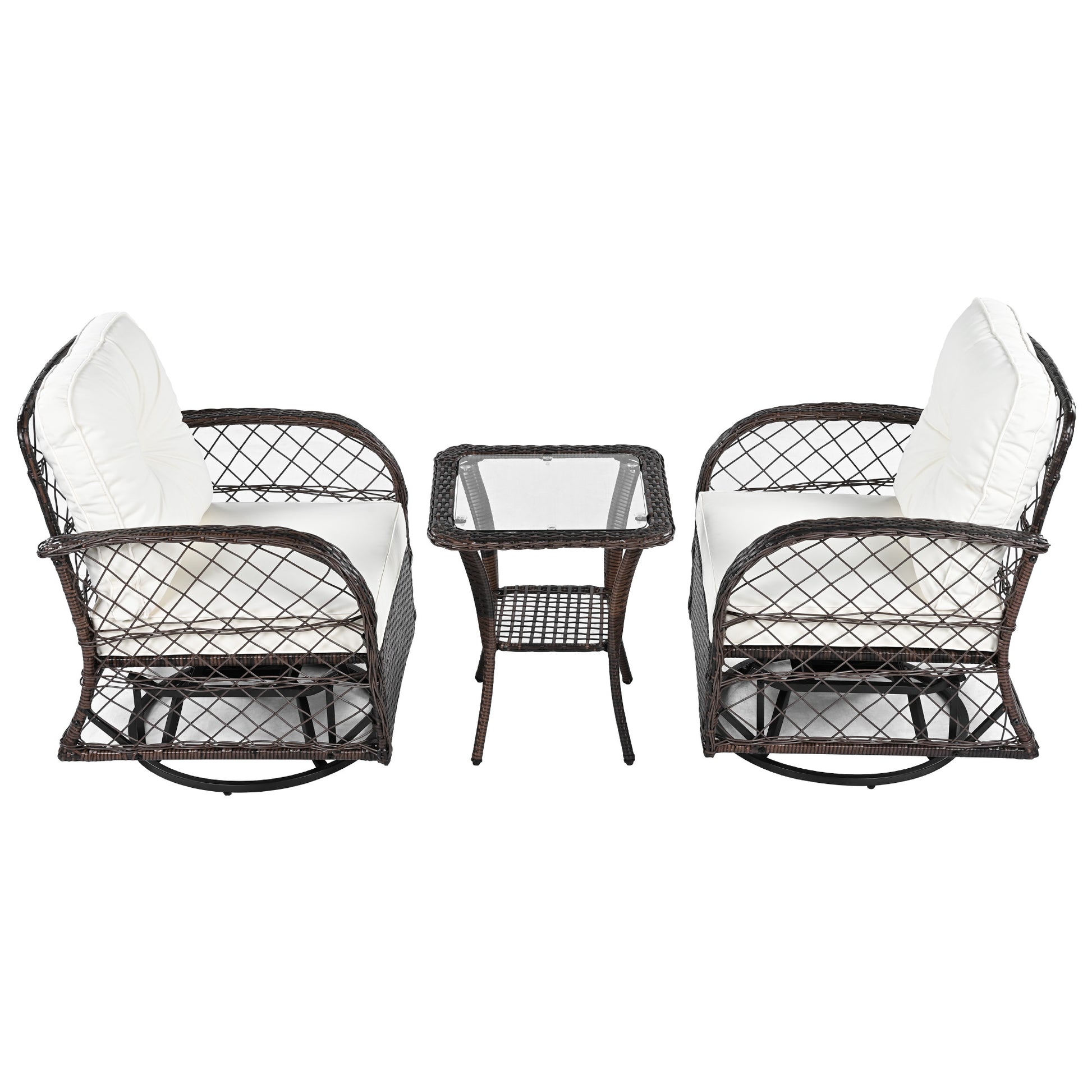 3-piece Outdoor Chair&Table Set Chat Set 2-person Rattan Seating Group with Two Swiveling and Rocking Chairs and a Square Table for Garden, Patio, or Balcony, Brown