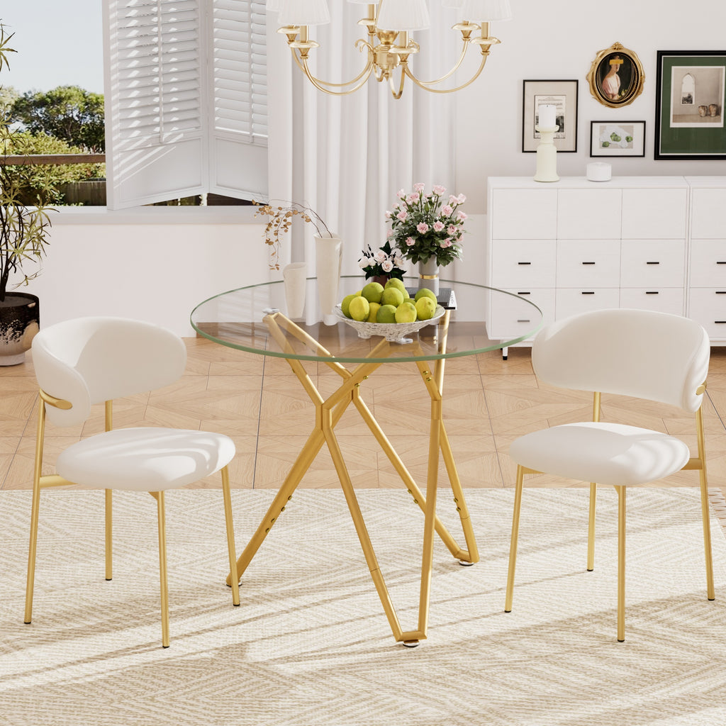 Modern Tempered Glass Dining Table, Rectangular/Round with Metal Legs, Space-Saving Kitchen Table