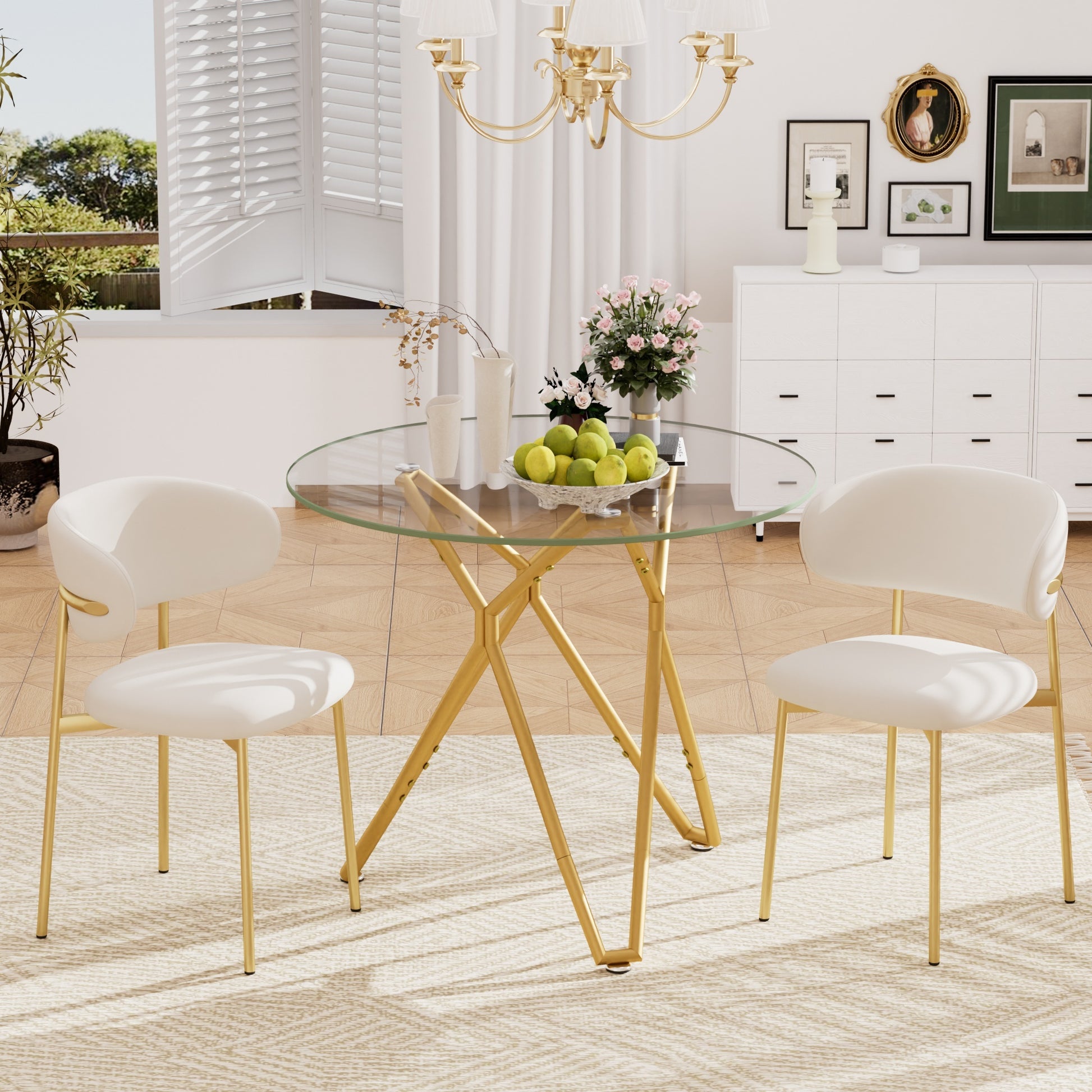 Modern Tempered Glass Dining Table, Rectangular/Round with Metal Legs, Space-Saving Kitchen Table