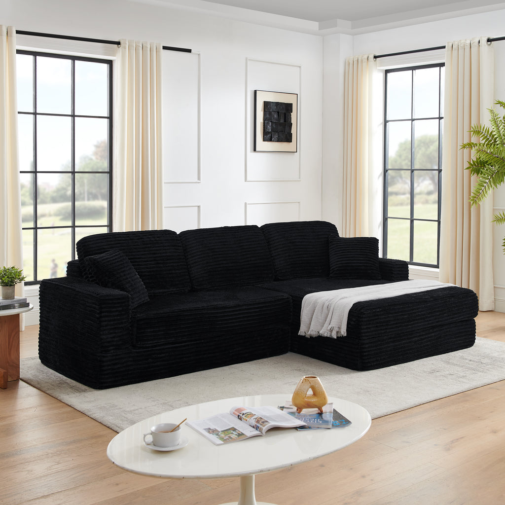 Black Corduroy L-Shape Modular Sectional Sofa, Convertible Sleeper Couch for Living Room