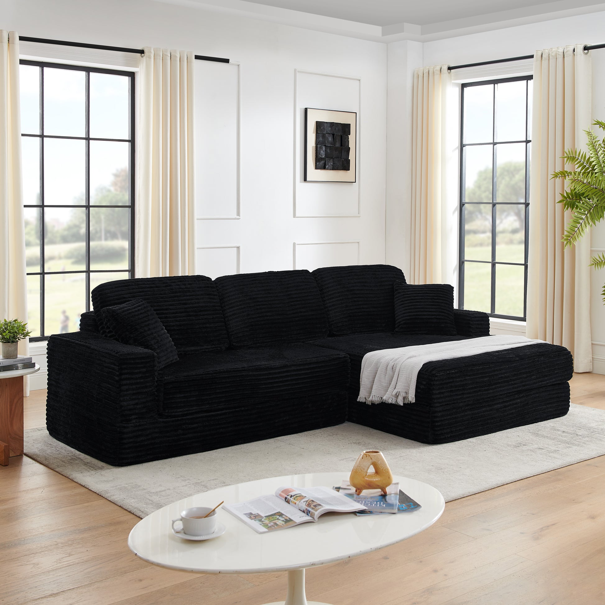 Black Corduroy L-Shape Modular Sectional Sofa, Convertible Sleeper Couch for Living Room
