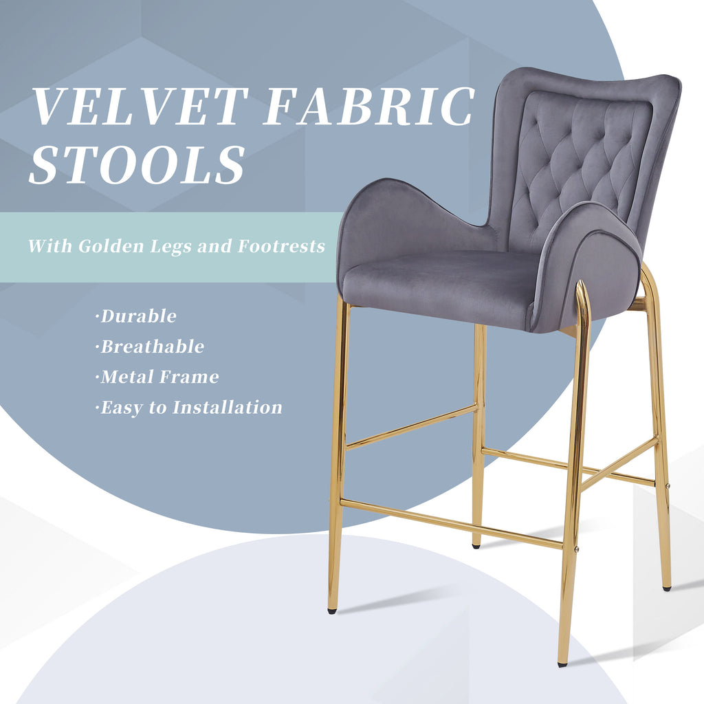 Counter Height Bar Stools Set of 2 Velvet Upholstered Stools with Golden Legs