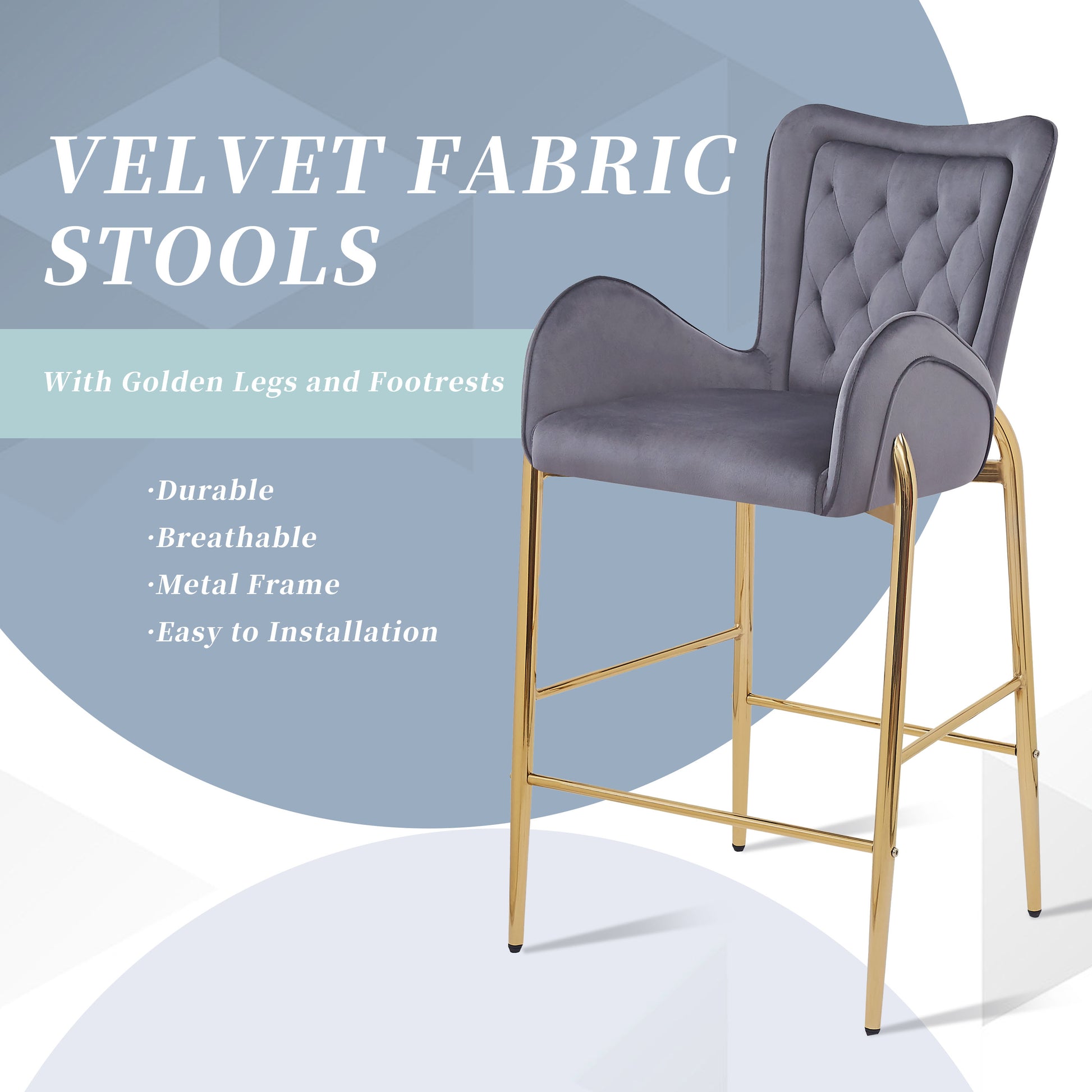 Counter Height Bar Stools Set of 2 Velvet Upholstered Stools with Golden Legs