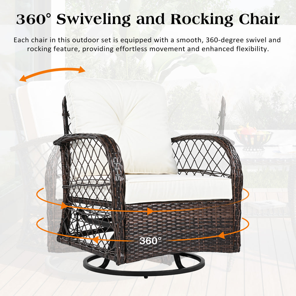 3-piece Outdoor Chair&Table Set Chat Set 2-person Rattan Seating Group with Two Swiveling and Rocking Chairs and a Square Table for Garden, Patio, or Balcony, Brown