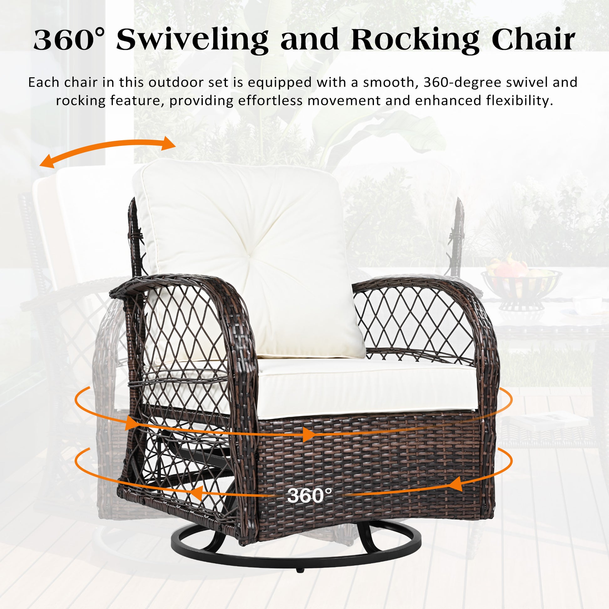 3-piece Outdoor Chair&Table Set Chat Set 2-person Rattan Seating Group with Two Swiveling and Rocking Chairs and a Square Table for Garden, Patio, or Balcony, Brown