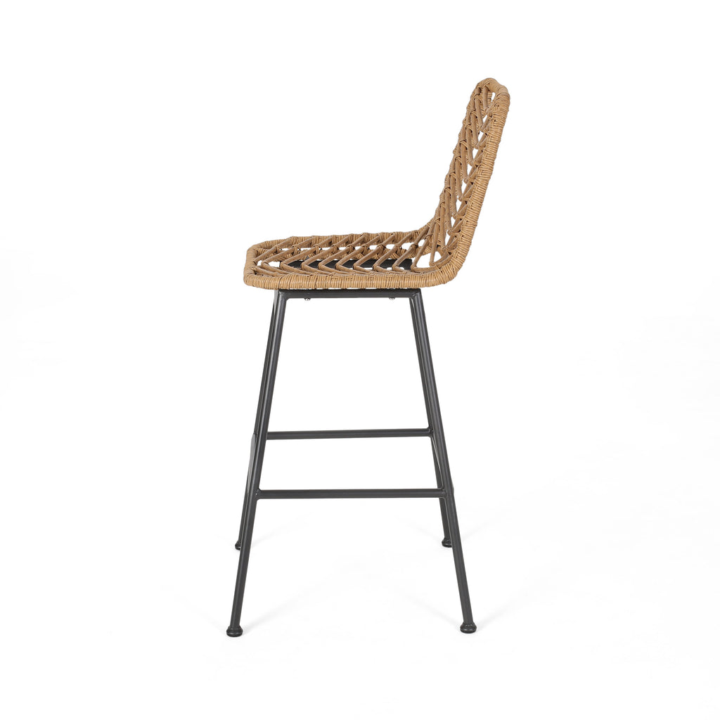 Sawtelle Outdoor Wicker Barstools Set of 2 – Rattan Patio Bar Stools with Black Metal Frame