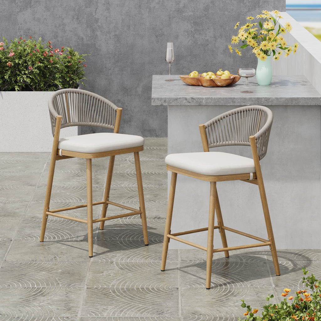 26" Outdoor Counter Stools Set of 2, Aluminum PE Rattan Backrest, Maple Finish Patio Bar Stools