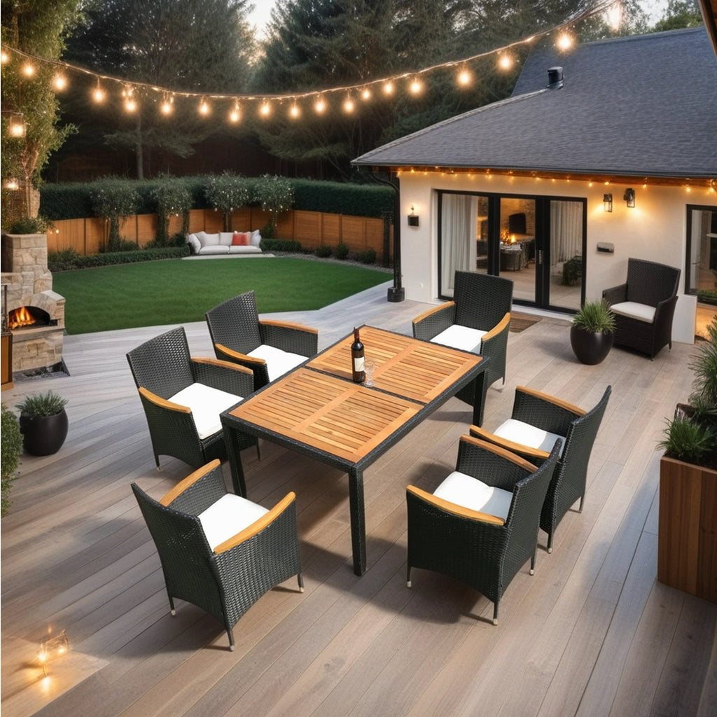 7 piece Outdoor Patio Wicker Dining Set Patio Wicker Furniture Dining Set w/Acacia Wood Top