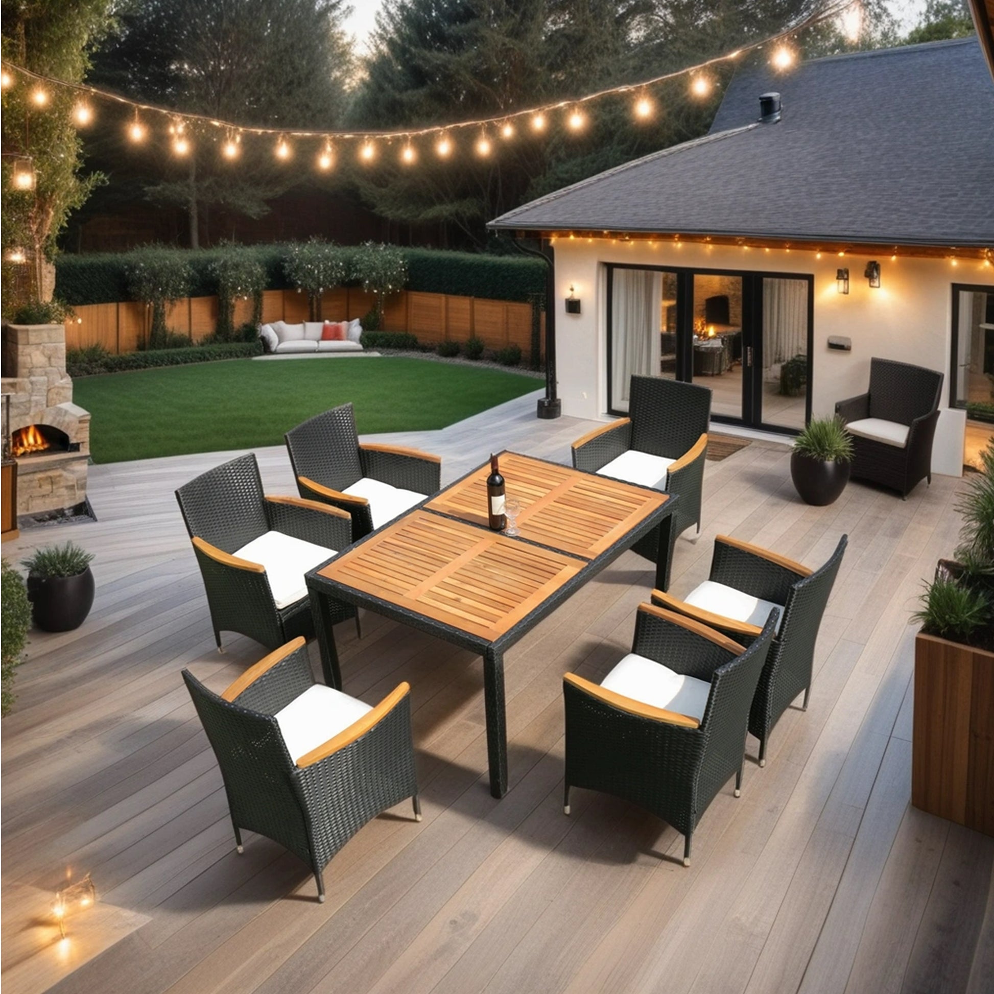 7 piece Outdoor Patio Wicker Dining Set Patio Wicker Furniture Dining Set w/Acacia Wood Top