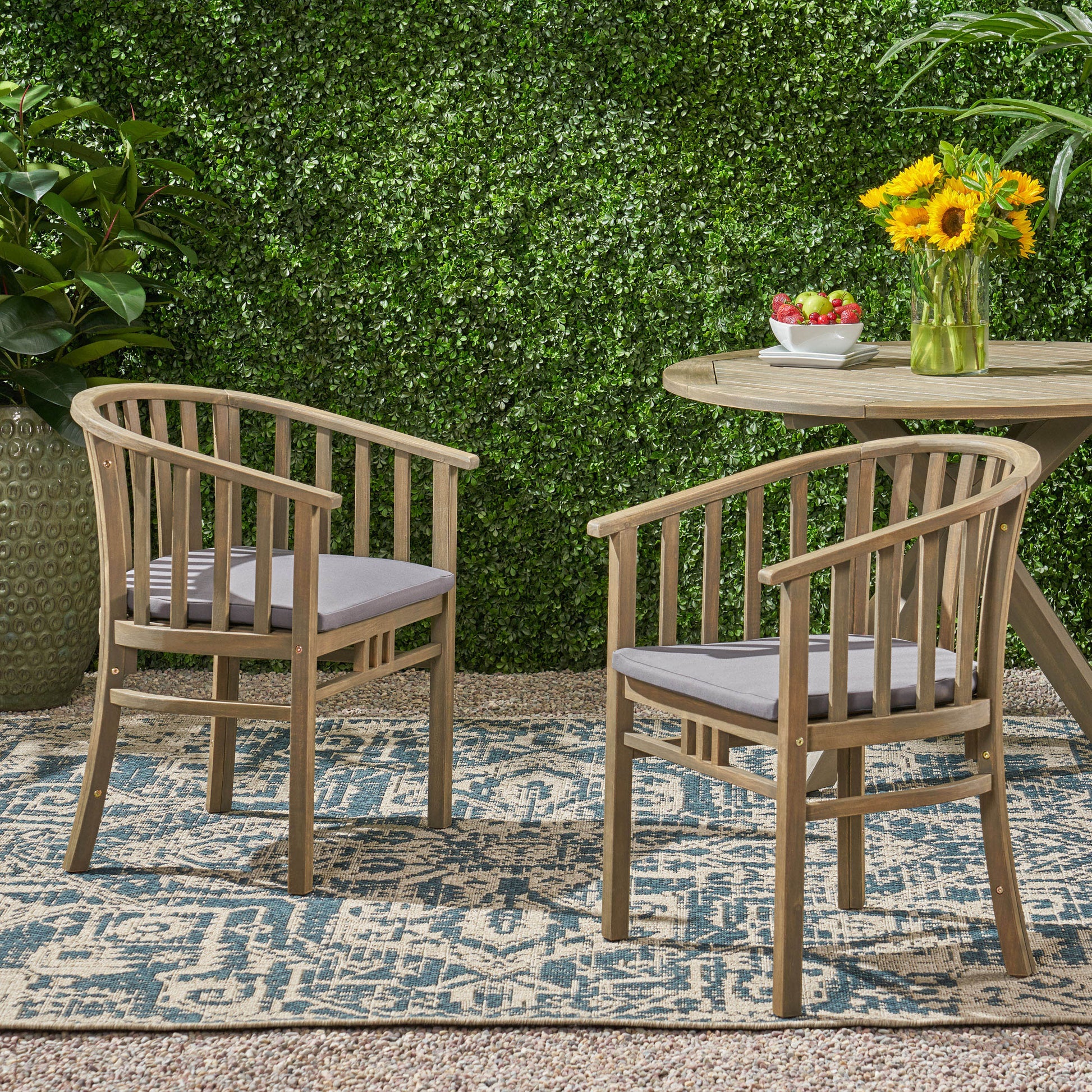 Outdoor Wooden Dining Chair Set with Cushions, 2-Pack, Weather Resistant Patio Seating