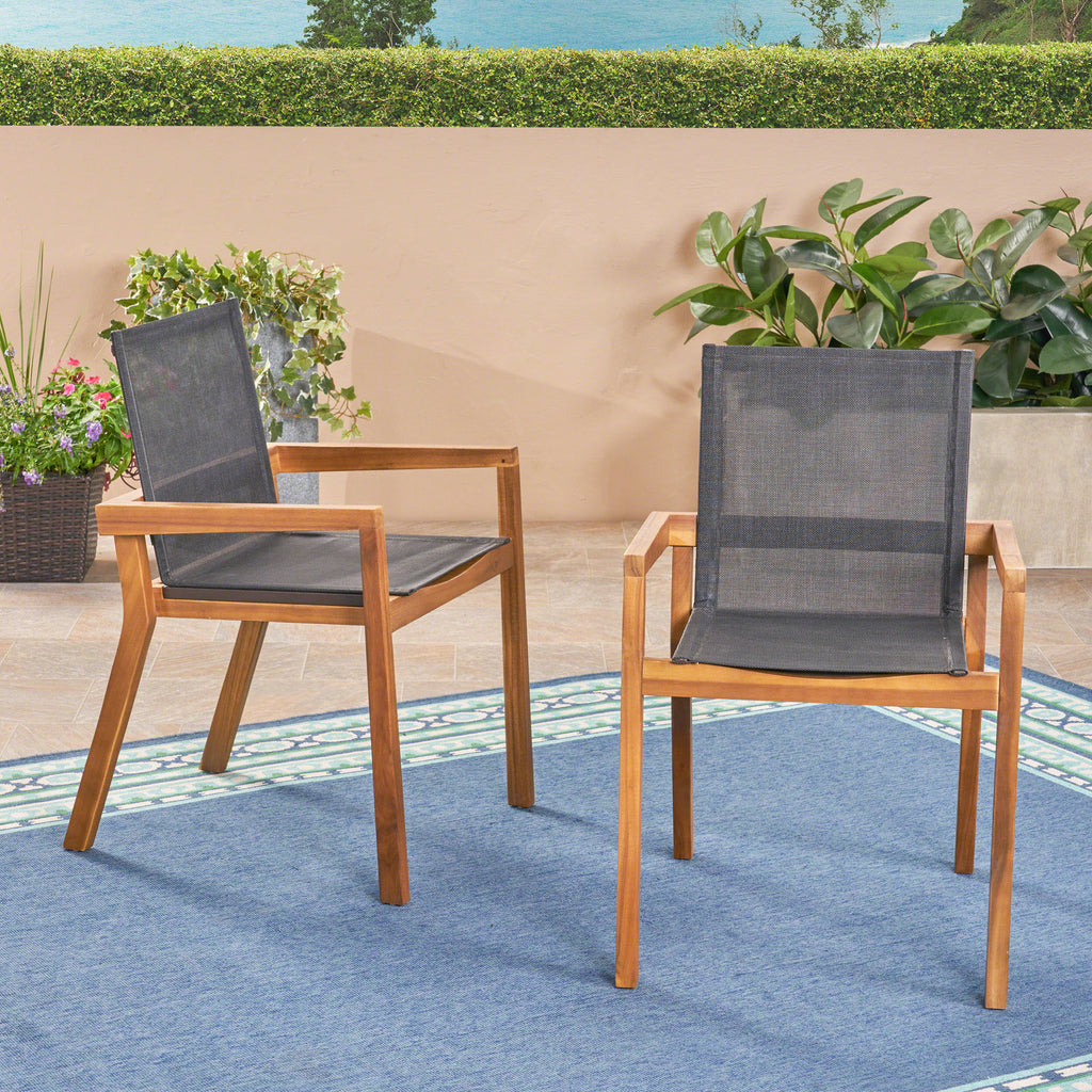 Acacia Wood Outdoor Dining Chairs with Breathable Mesh Seat & Teak Finish (Set of 2)