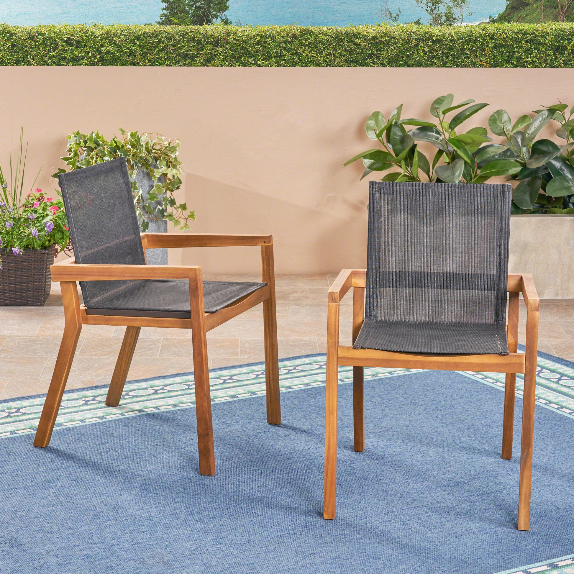 Acacia Wood Outdoor Dining Chairs with Breathable Mesh Seat & Teak Finish (Set of 2)