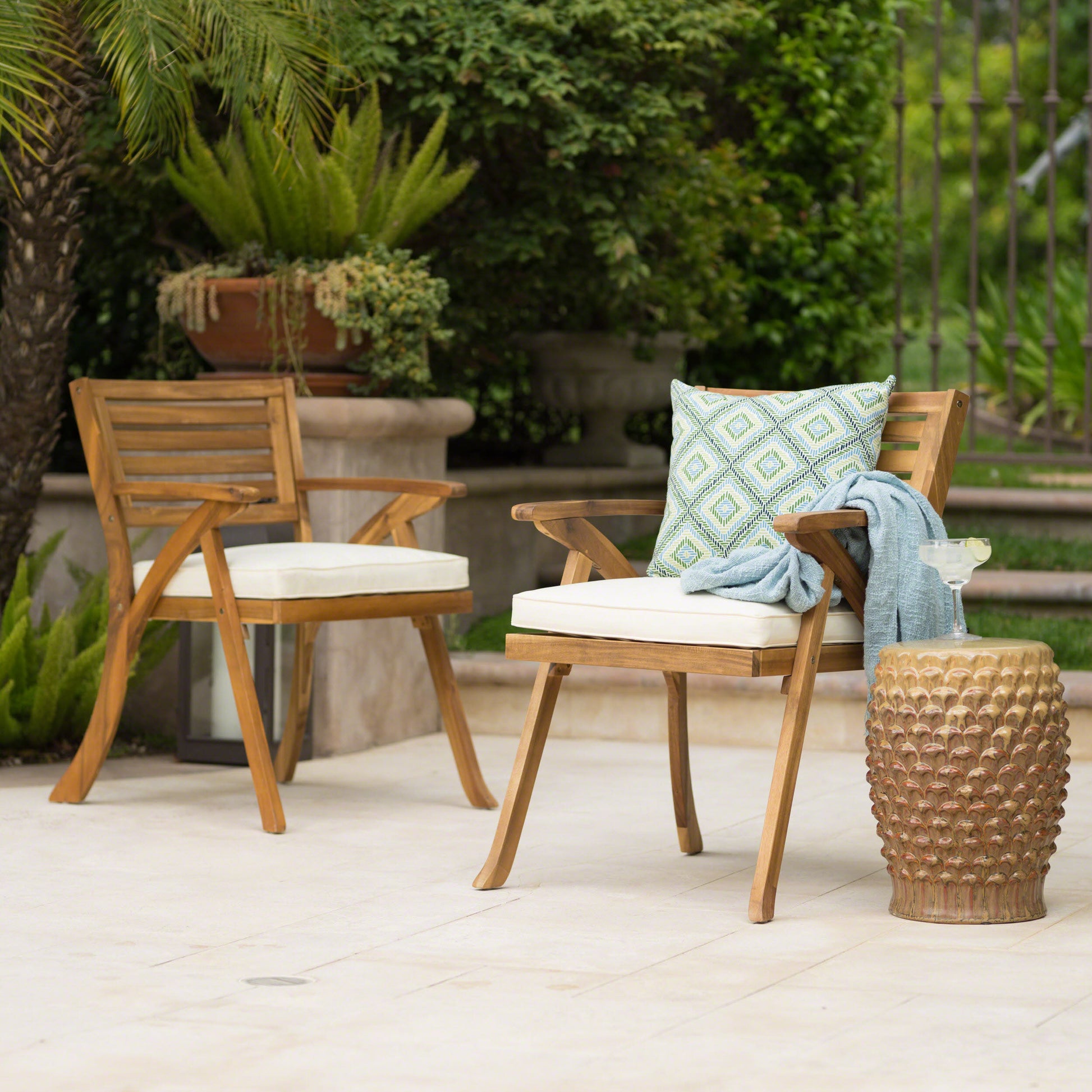 2-Piece Outdoor Wood Dining Chair Set with Cream Cushions, KD Frame