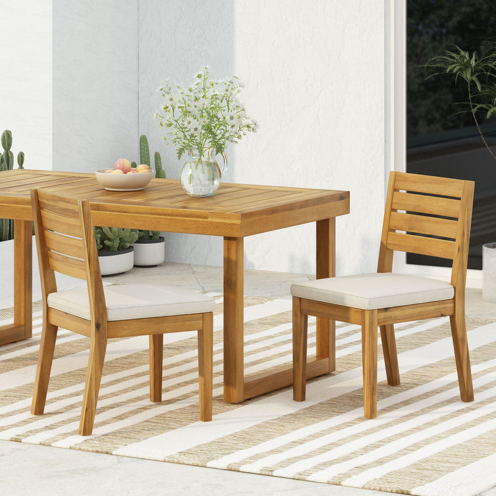 2-Pack Natural Wood Outdoor Armless Dining Chairs with Beige Cushions Patio Seating for Backyard
