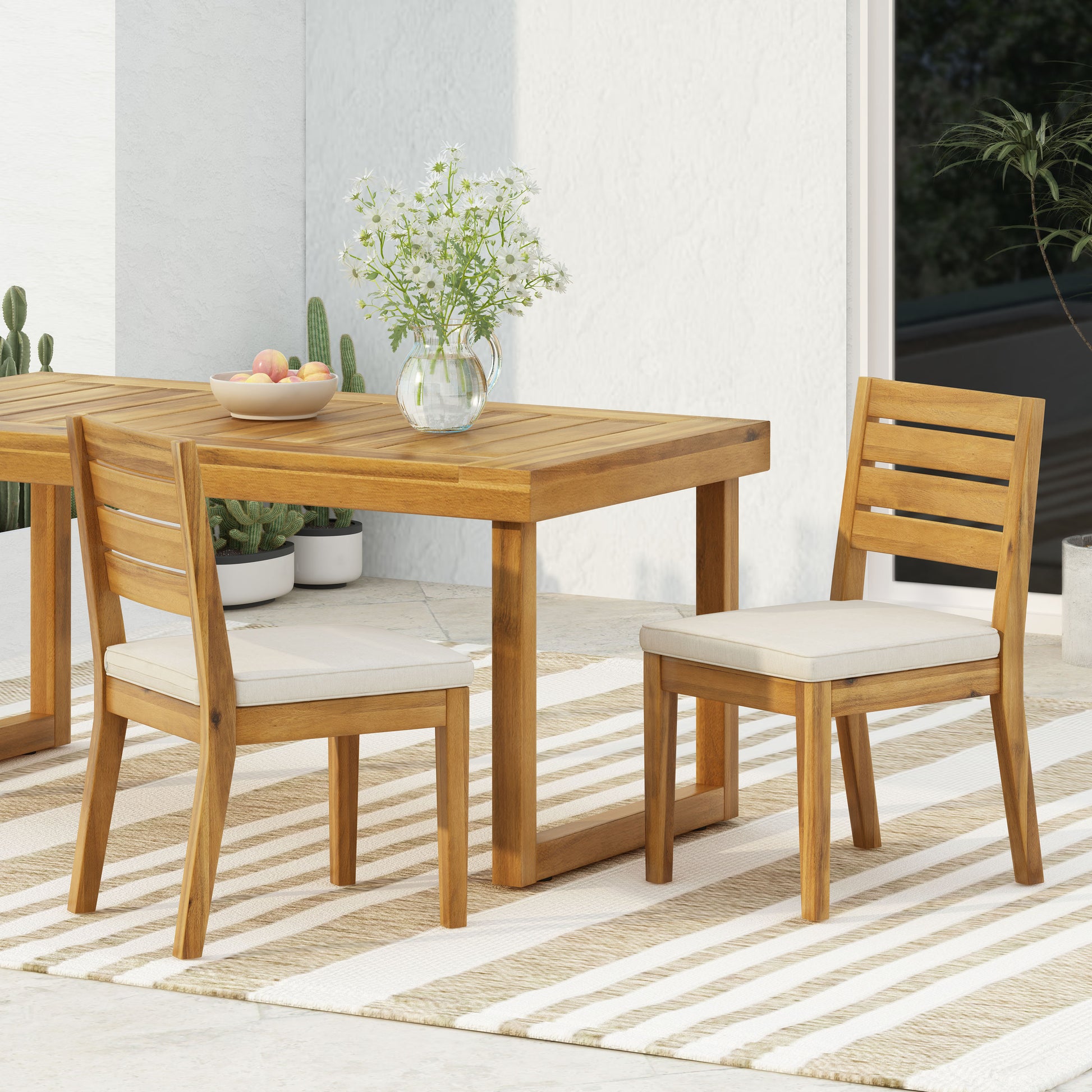 2-Pack Natural Wood Outdoor Armless Dining Chairs with Beige Cushions Patio Seating for Backyard