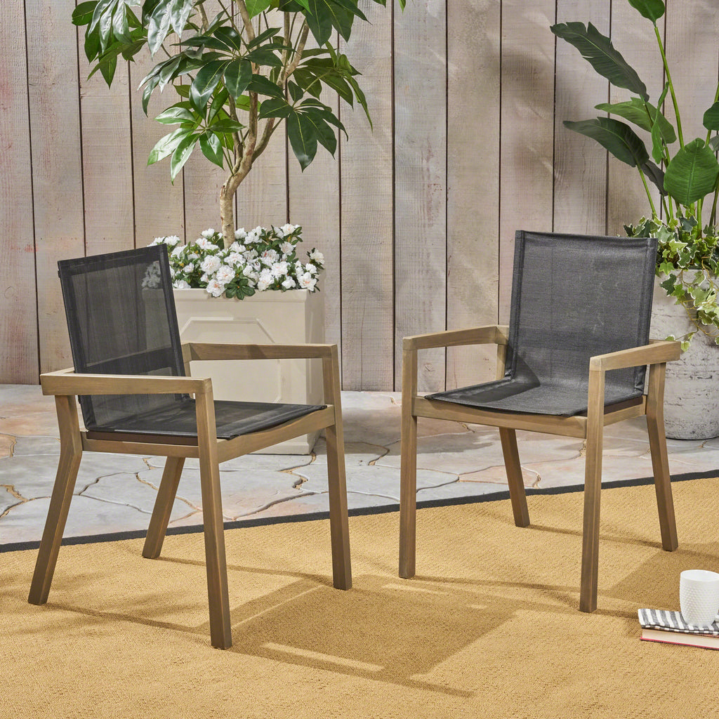 Modern Acacia Wood Patio Chairs with Durable Mesh Seating & Grey Finish (Set of 2)
