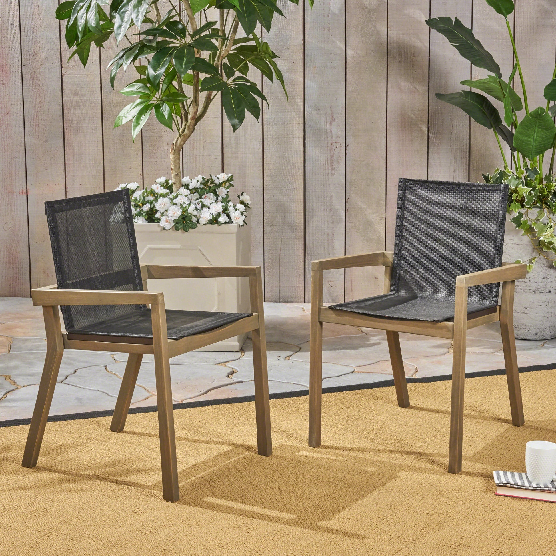 Modern Acacia Wood Patio Chairs with Durable Mesh Seating & Grey Finish (Set of 2)