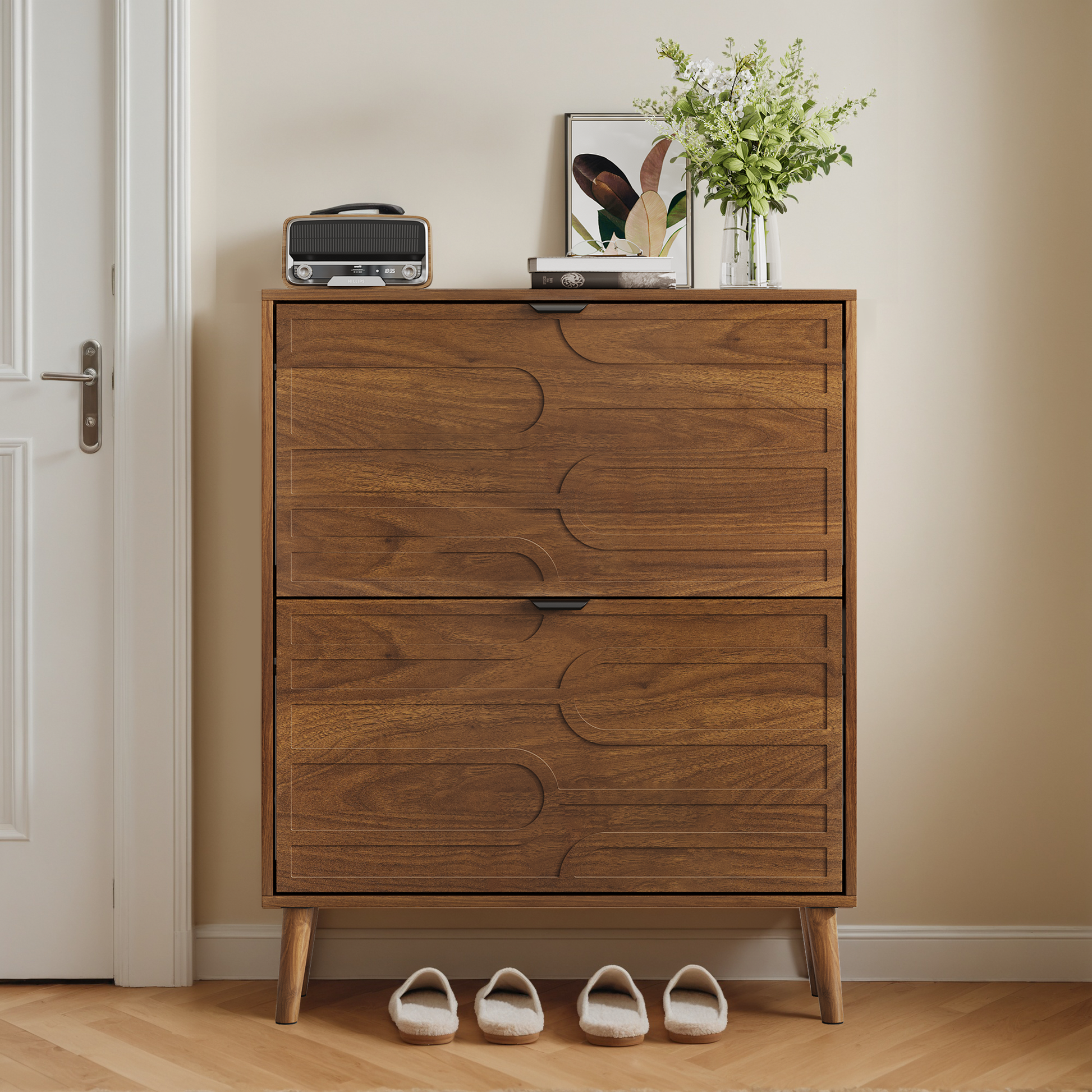 Medieval Modern Independent Shoe Cabinet, 31.5-inch Walnut Shoe Storage Cabinet,, Fence Shoe Cabinet with 2 Flip Drawers, Suitable For Corridors And Entrances