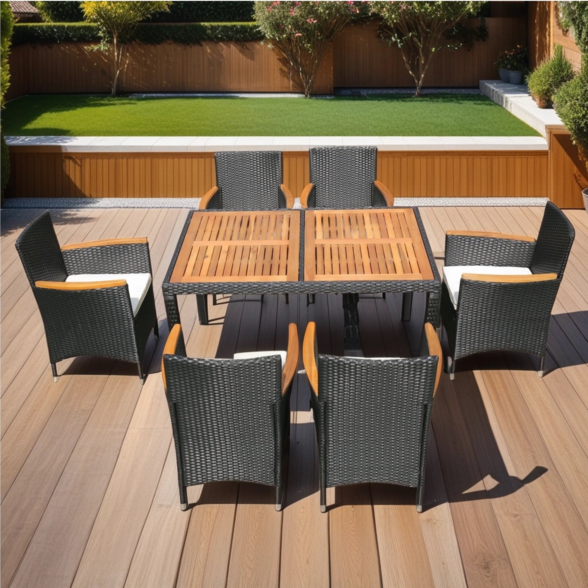 7 piece Outdoor Patio Wicker Dining Set Patio Wicker Furniture Dining Set w/Acacia Wood Top