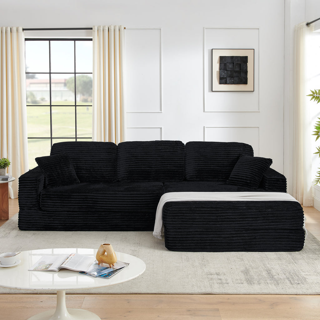 Black Corduroy L-Shape Modular Sectional Sofa, Convertible Sleeper Couch for Living Room
