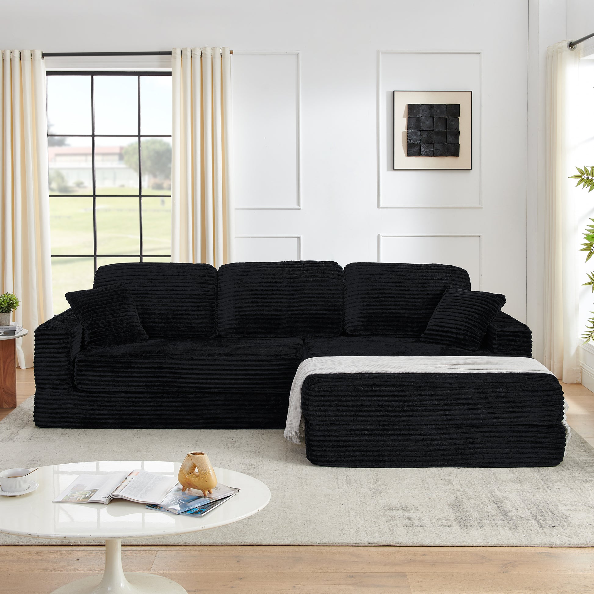 Black Corduroy L-Shape Modular Sectional Sofa, Convertible Sleeper Couch for Living Room