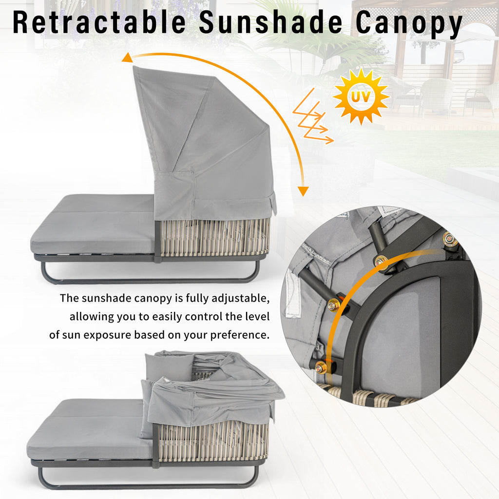 57" Outdoor Patio Daybed Rattan Daybed Outdoor Sunbed with Detachable Pillows for Patio, Backyard, Pool, Grey