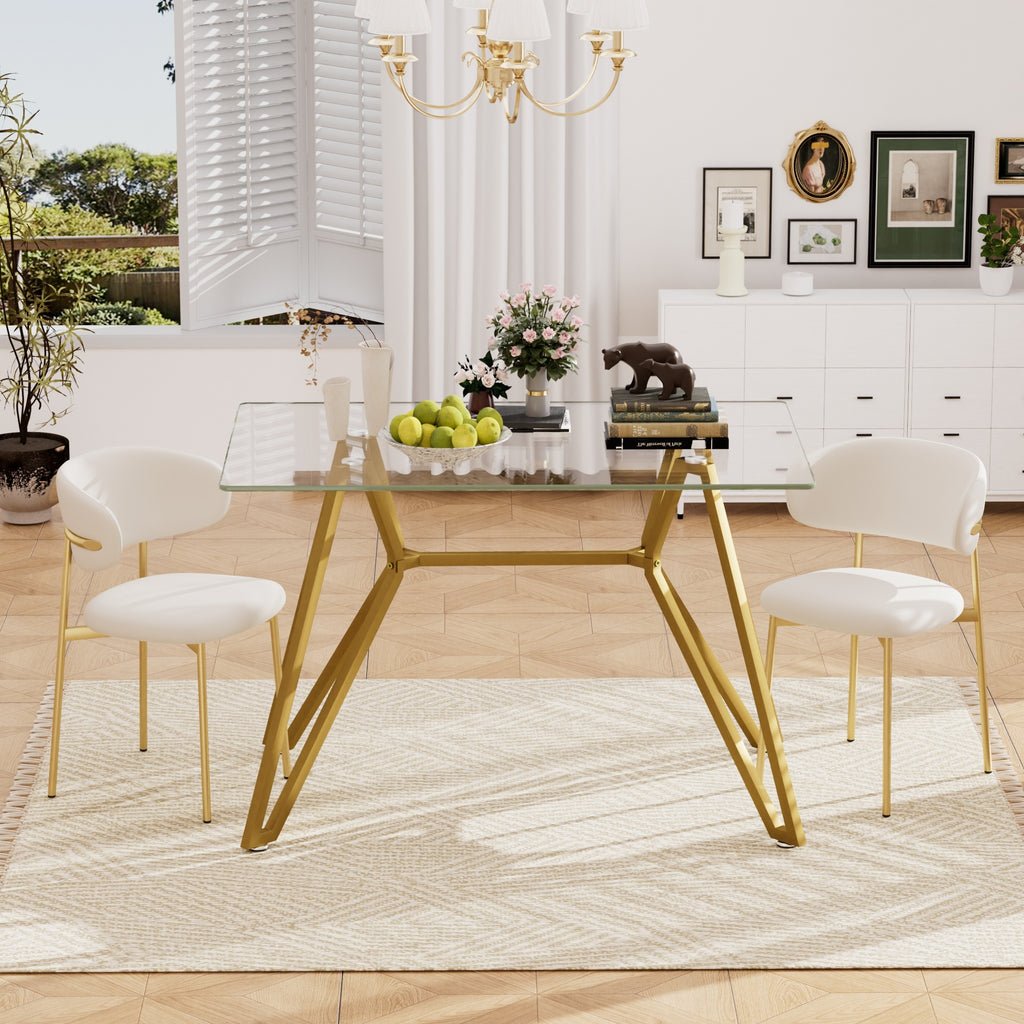 Modern Tempered Glass Dining Table, Rectangular/Round with Metal Legs, Space-Saving Kitchen Table