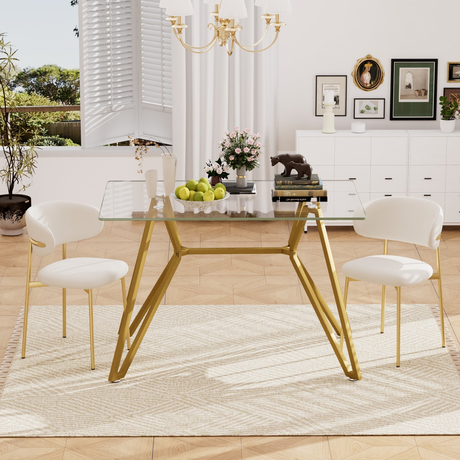 Modern Tempered Glass Dining Table, Rectangular/Round with Metal Legs, Space-Saving Kitchen Table
