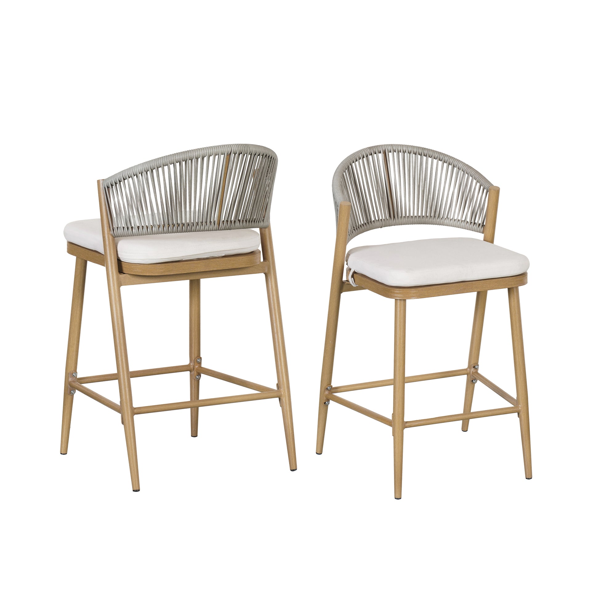 26" Outdoor Counter Stools Set of 2, Aluminum PE Rattan Backrest, Maple Finish Patio Bar Stools