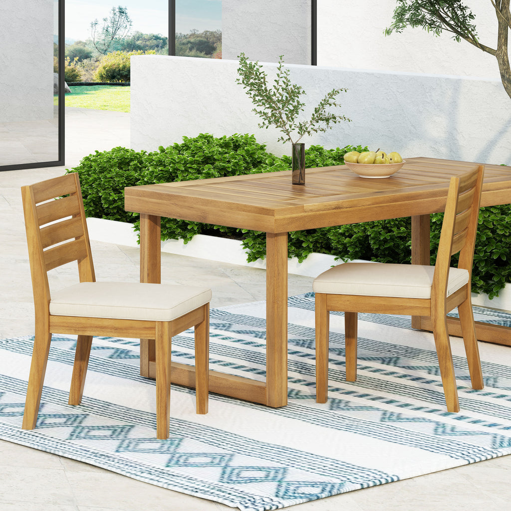 2-Pack Natural Wood Outdoor Armless Dining Chairs with Beige Cushions Patio Seating for Backyard
