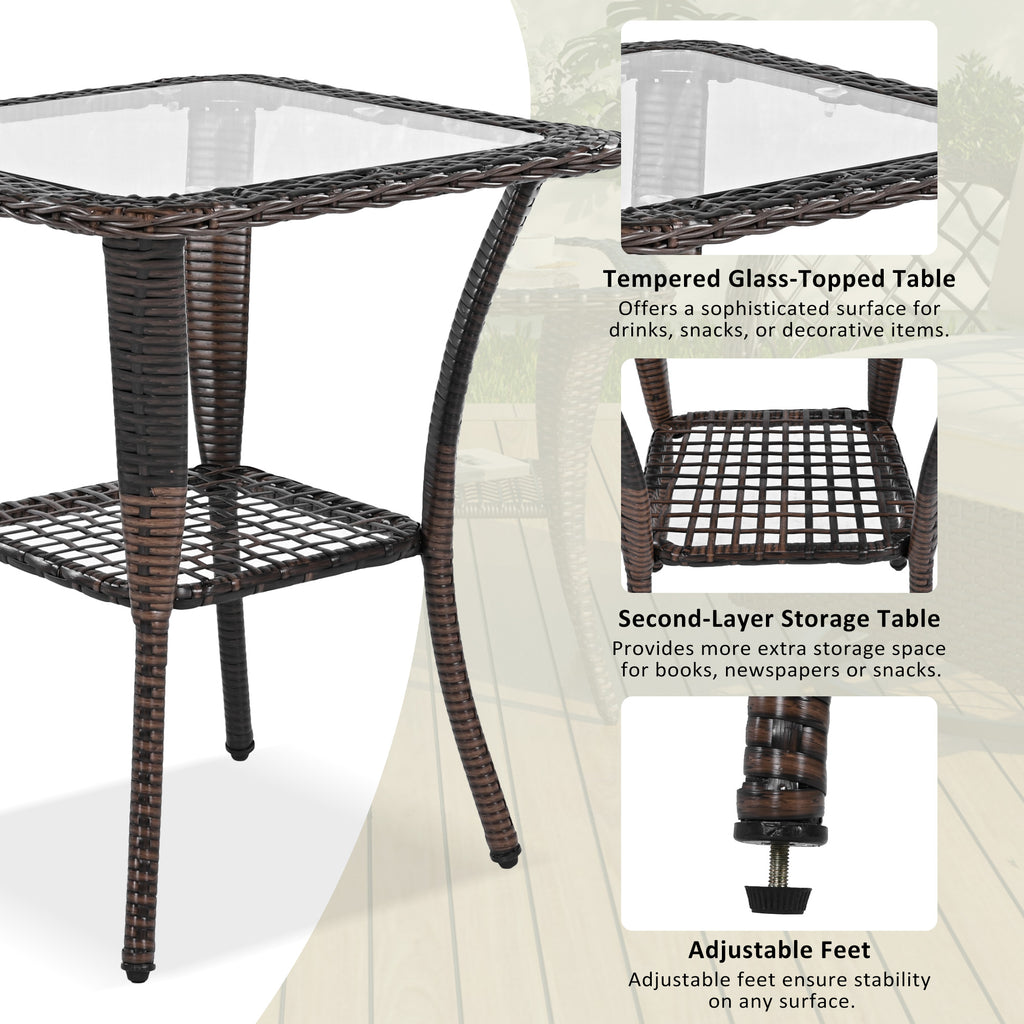 3-piece Outdoor Chair&Table Set Chat Set 2-person Rattan Seating Group with Two Swiveling and Rocking Chairs and a Square Table for Garden, Patio, or Balcony, Brown