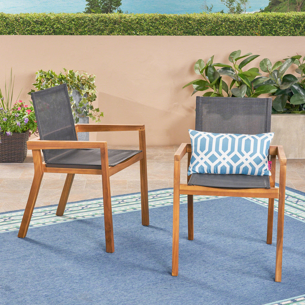 Acacia Wood Outdoor Dining Chairs with Breathable Mesh Seat & Teak Finish (Set of 2)