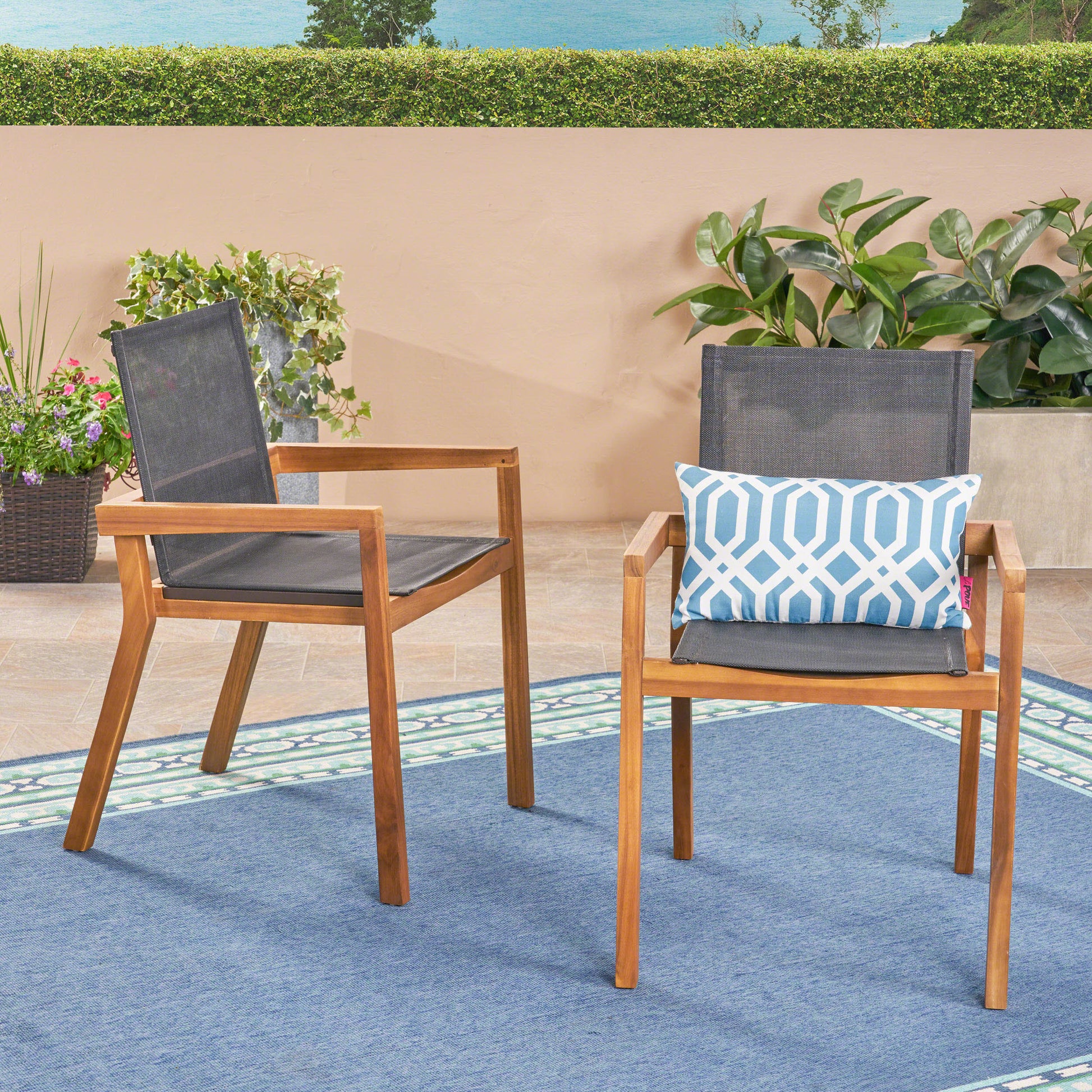 Acacia Wood Outdoor Dining Chairs with Breathable Mesh Seat & Teak Finish (Set of 2)