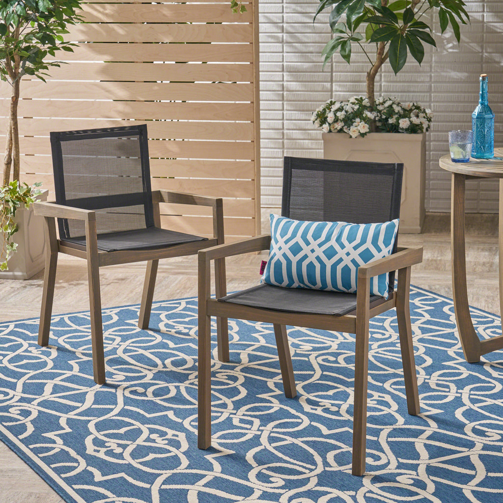 Modern Acacia Wood Patio Chairs with Durable Mesh Seating & Grey Finish (Set of 2)
