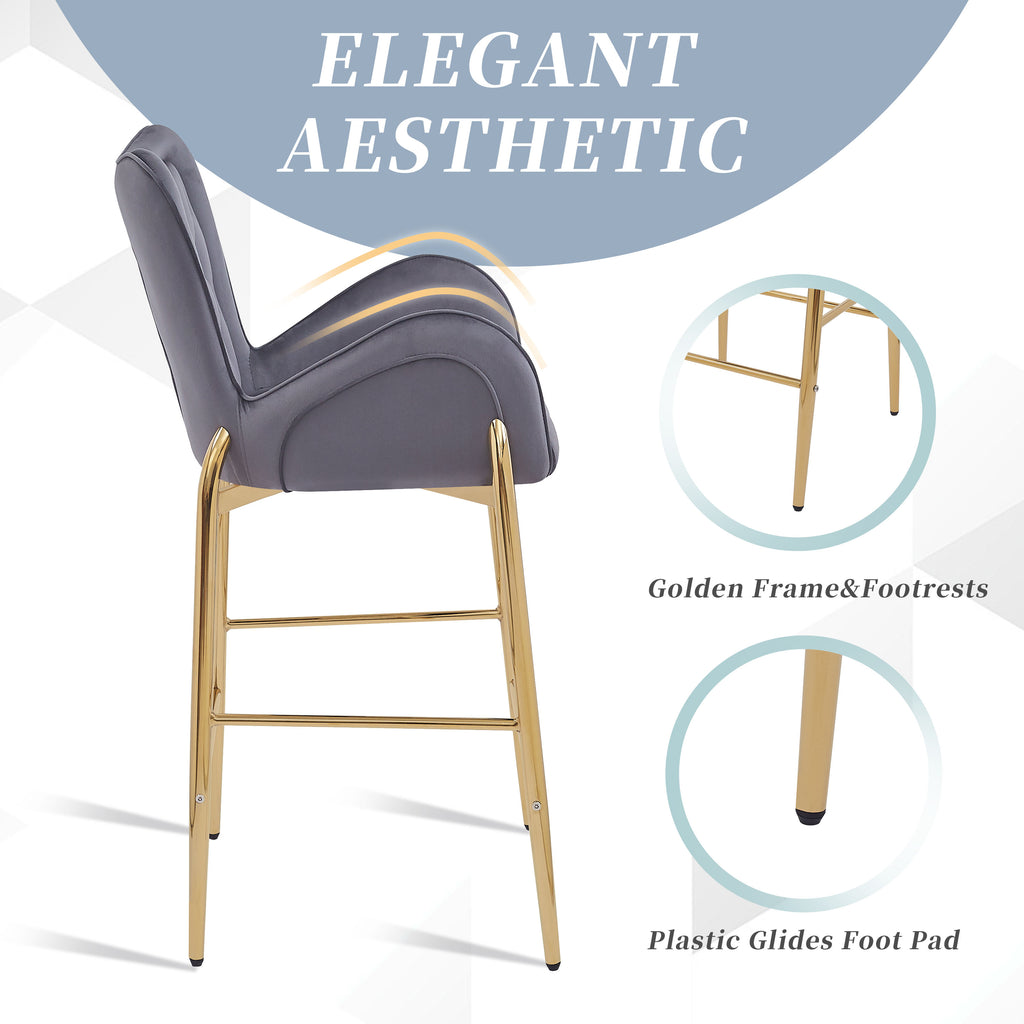 Counter Height Bar Stools Set of 2 Velvet Upholstered Stools with Golden Legs