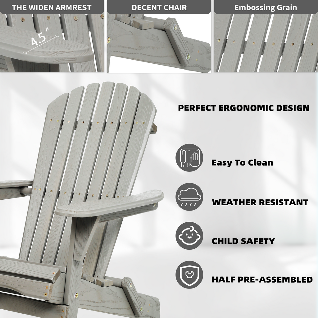 Folding Cedar Wood Adirondack Chairs, Embossed Wood Grain Outdoor Patio Lounge Seating for Garden