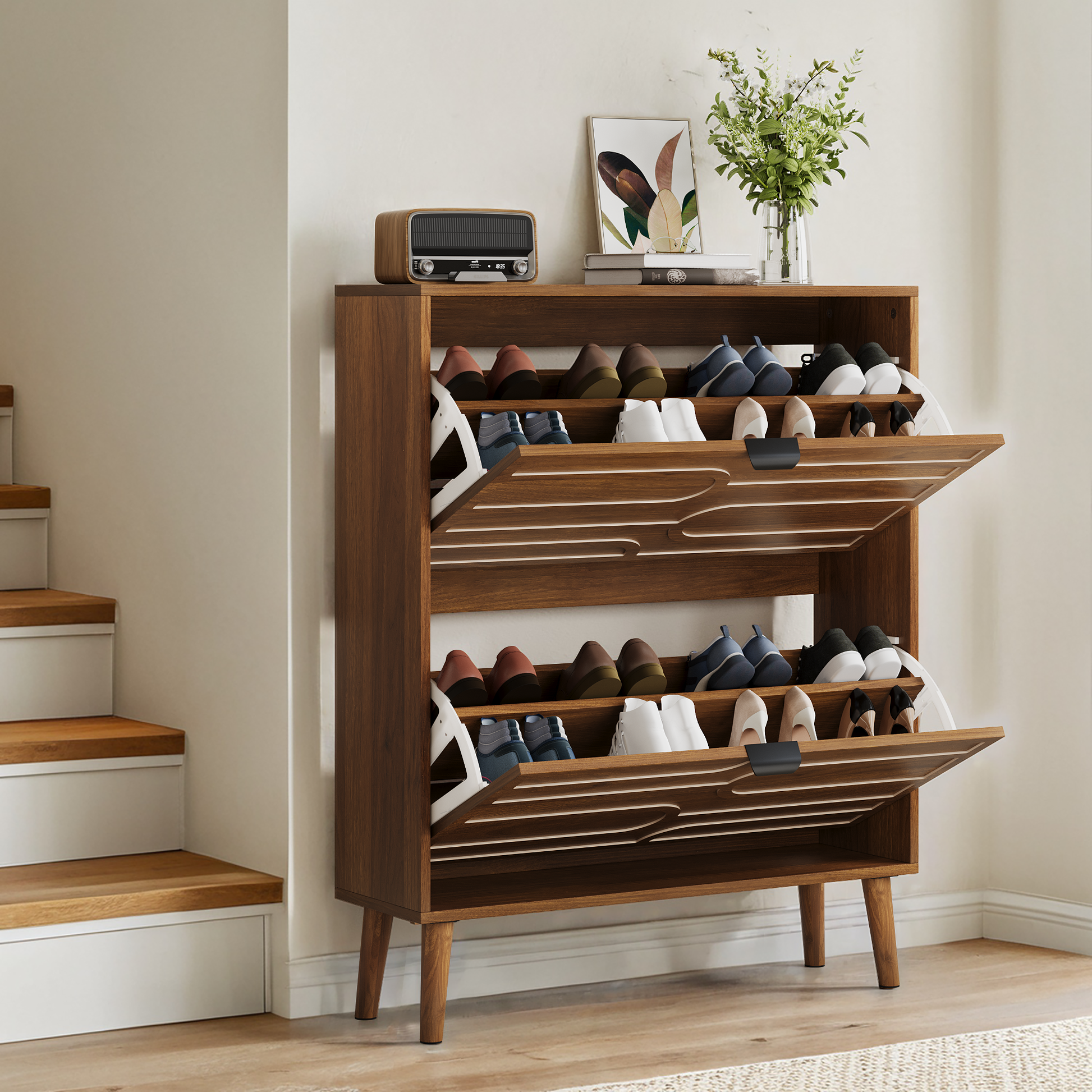 Medieval Modern Independent Shoe Cabinet, 31.5-inch Walnut Shoe Storage Cabinet,, Fence Shoe Cabinet with 2 Flip Drawers, Suitable For Corridors And Entrances