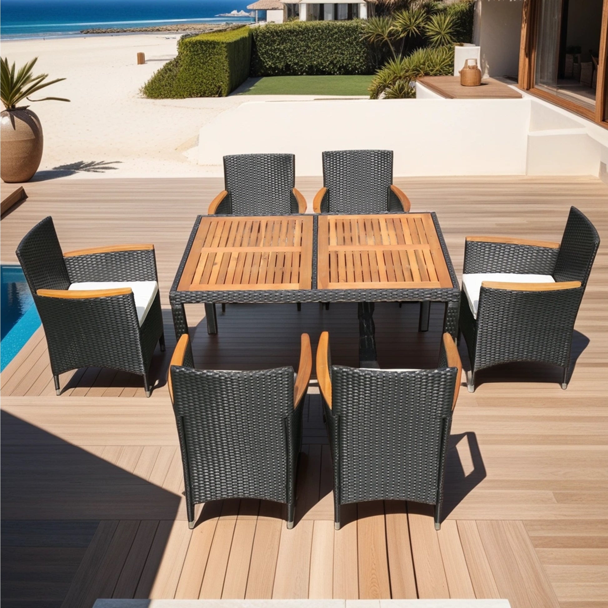 7 piece Outdoor Patio Wicker Dining Set Patio Wicker Furniture Dining Set w/Acacia Wood Top
