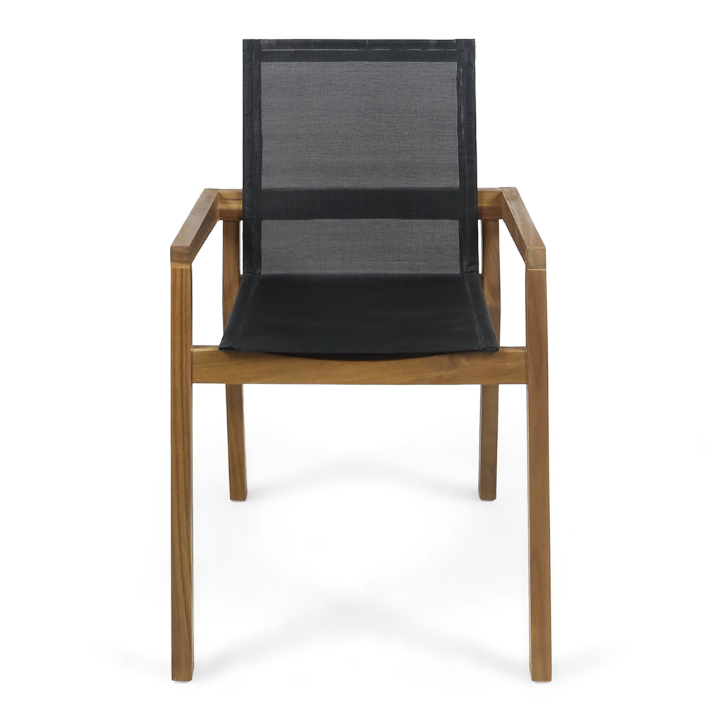 Acacia Wood Outdoor Dining Chairs with Breathable Mesh Seat & Teak Finish (Set of 2)